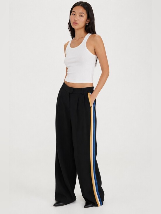 Babaton Pants - Aritzia Babaton Sadiki Black Wide-Leg Pants with Gold/Blue/White Side Stripes 4